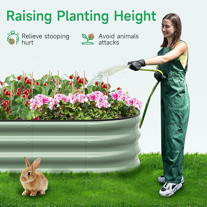 GreatBuddy Galvanized Raised Garden Bed 4×2×1 ft Outdoor Easy Assembly Planter Raised Beds Garden Boxes for Vegetables Fruits Flower Herb Anti-Rust&amp Weather-Resistant Oval Green