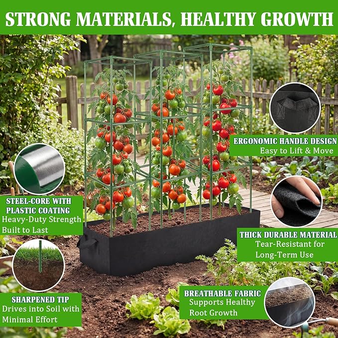 3-Pack Tomato Cage with 86 Gallon Raised Garden Bed - Anti Collapse Steel Core Plant Support System for Climbing Vegetables Plants Flowers 41 Adjustable Vertical Tomato Trellis for Garden Balcony