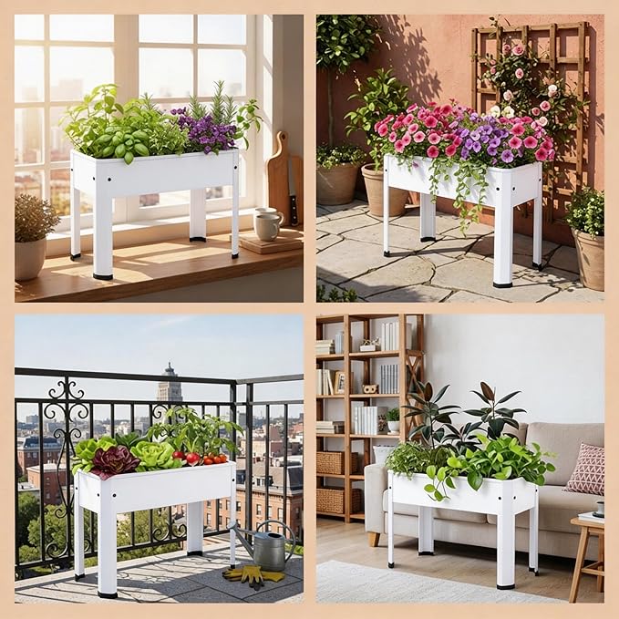 Raised Garden Bed with Legs 24×10.8×18 in Metal Elevated Raised Planter Box with Drainage Holes for Backyard Patio Balcony 80 lb Capacity - White