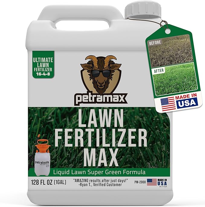 PetraMax Liquid Lawn Fertilizer for Lawns Concentrate - Liquid Fertilizer for Lawns Food for Grass - 16-4-8 High Nitrogen Lush Green Grass Phosphorus for Strong Roots - Apply Spring &amp Summer (1