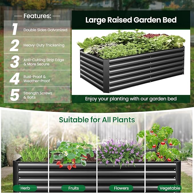 TEANDE 6x3x2FT Raised Garden Bed Kit Galvanized Planter Raised Garden Boxes Outdoor w/Anti Cutting Strip &amp A Pair of Gloves Deep Root Raised Planter for Vegetables Fruits Flowers and Herbs Bl
