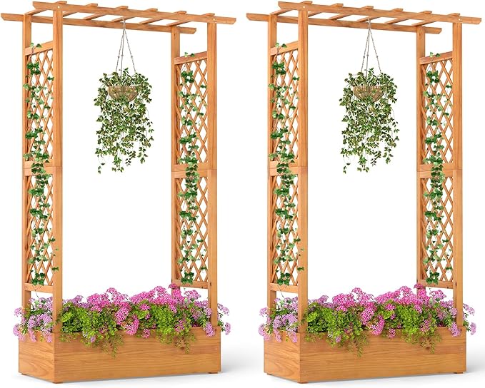 S AFSTAR 2 Pieces Wooden Raised Garden Bed with Trellis 70 Elevated Planter Box with Hanging Roof &amp Open-Ended Base for Climbing Vine Flower Herb Vegetable Outdoor Plant Container for Patio &am