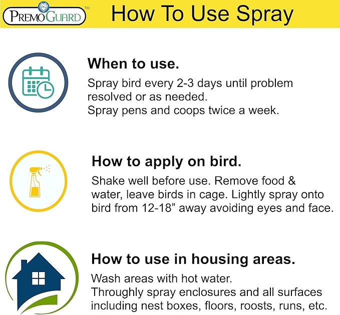 Premo Guard Poultry Spray - 16 oz - Kill Scaly Leg Mites Fleas Lice &amp Other Pest on Chickens and in Coops - Natural Plant Based Oils for Control &amp Prevention - Family Safe with No Egg Wit