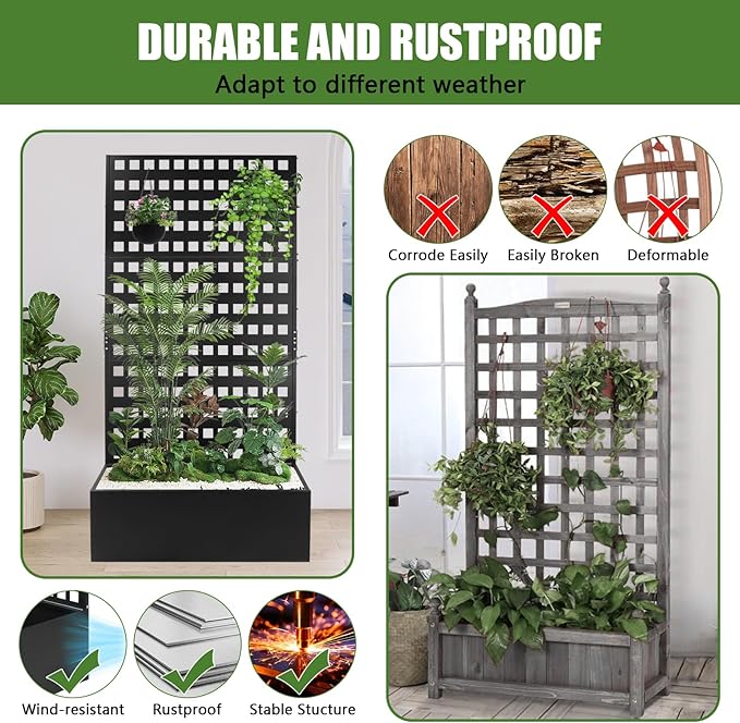 Metal Planter Box with Trellis 35''Lx18''Wx71''H Raised Garden Bed with Trellis for Climbing Plants with Privacy Screen Planter with Trellis &ampDrainage Holes Privacy Planters (35''Lx18''Wx71''H)