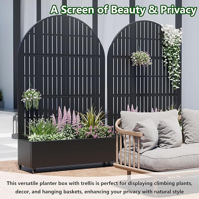 Casaphoria Raised Garden Bed Metal Planter Box with Trellis 72x47x16 for Outdoor Climbing Plants Flowers Vegetables and Vines Privacy Screen with Wheels and Drainage Holes(Black Vertical)