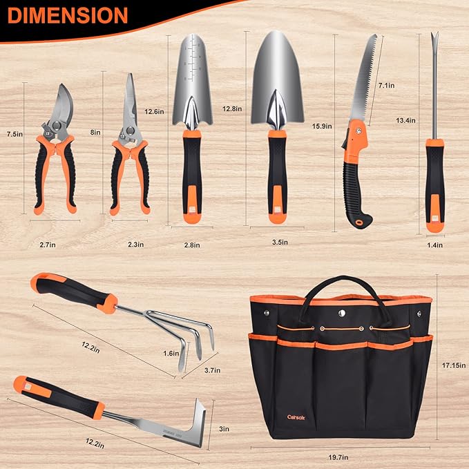 Garden Tools Set Carsolt 10 Piece Stainless Steel Heavy Duty Gardening Tools Set for Planting Pruning Gardening Kit with Durable Gardening Bag Gloves Gift Box Ideal Garden Gifts for Women Men(Orange)