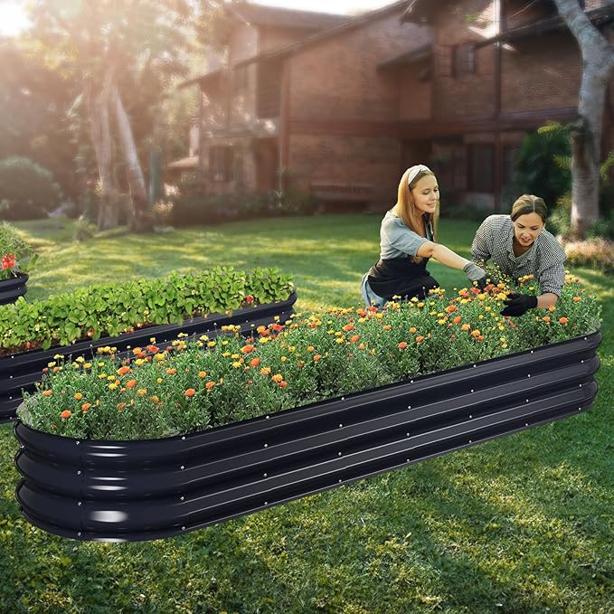 Raised Garden Bed Kit 8x2x1 ft Galvanized Planter Box Outdoor Oval Large Metal Raised Beds for Gardening Vegetables Flower Herb (Navy Blue)
