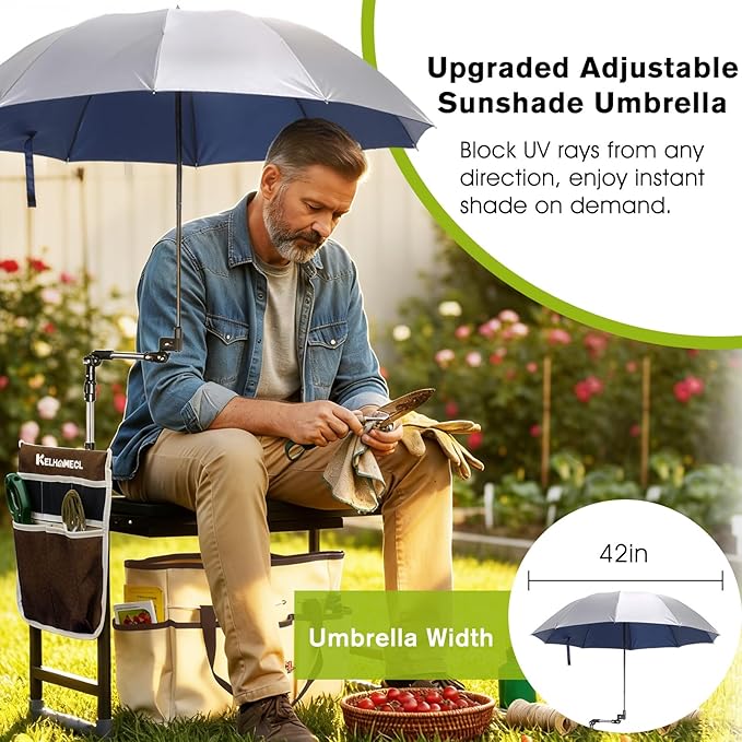 Garden Kneeler and Seat with Umbrella 2-in-1 Foldable Gardening Stool with Adjustable Bracket Detachable Tool Bags Heavy Duty Kneeling Pad for Gardening (Brown)