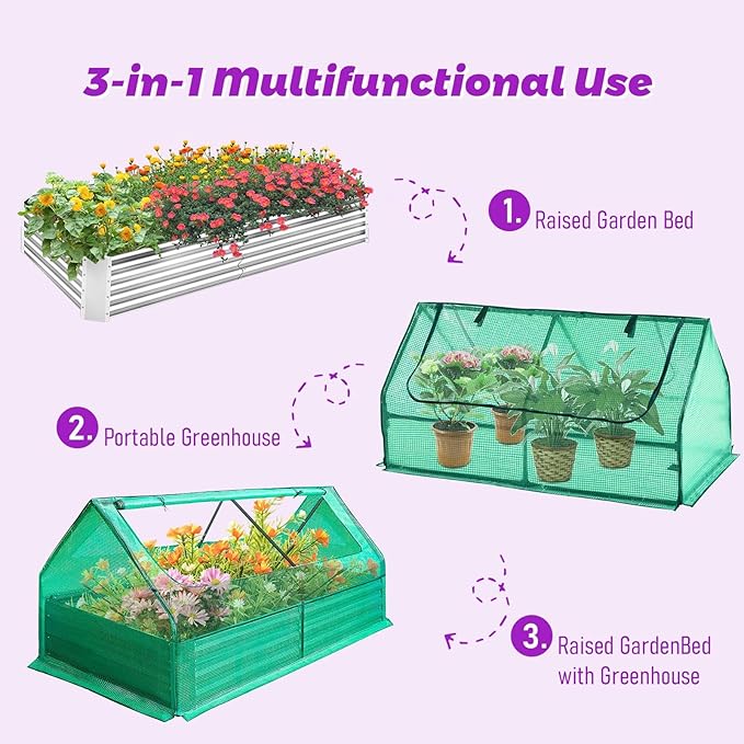 3-in-1 Raised Garden Bed with Greenhouse (72.8×37.4×36 with Cover 71×35.4×12) Outdoor/Indoor Mini Greenhouse Kit for Vegetables Flowers Herb Planter