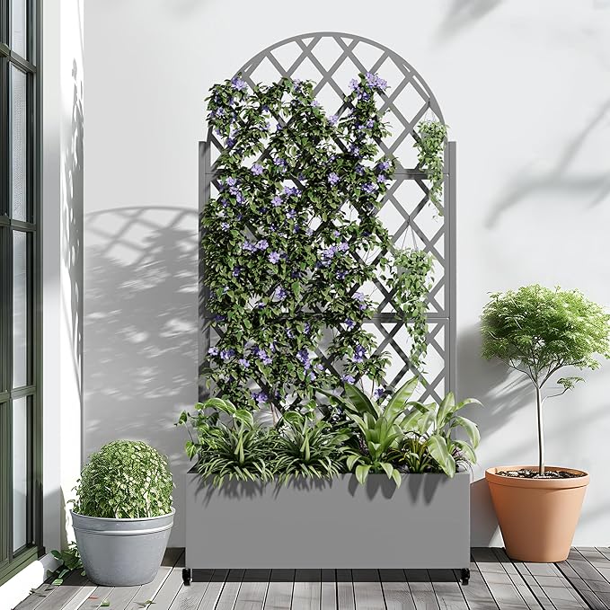 Casaphoria Metal Raised Garden Bed with Trellis and Wheels 72x35x16 Arched Planter Box for Climbing Plants Vegetables &amp Vines Features Drainage Holes and Privacy Screen (Grey-Laurence)