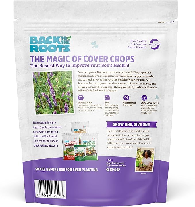 Back to The Roots 100% Organic Hairy Vetch Cover Crop Seeds Covers ~1000 sq. ft.