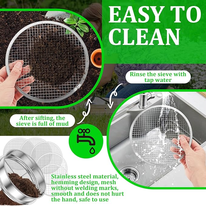 Soil Sifter for Gardening 8 Inch Stainless Steel Garden Sieve with 5 Replaceable Screens 1/3/6/9/12mm Garden Sifter with Shovel Gloves Planting Mat for Sand Rocks Dirt Compost