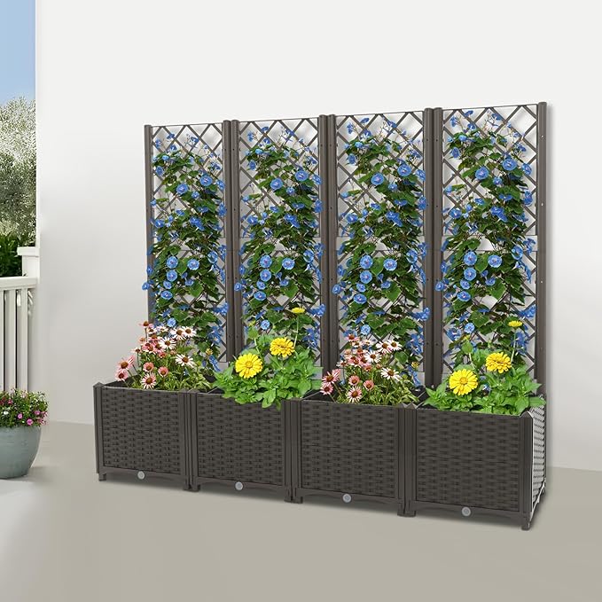 Planter Box with Trellis 4.6ft Tall Raised Garden Bed with 4 Box for Outdoor Vegetable Flowers &amp Climbing Plants Yard Balcony Decoration (Brown)