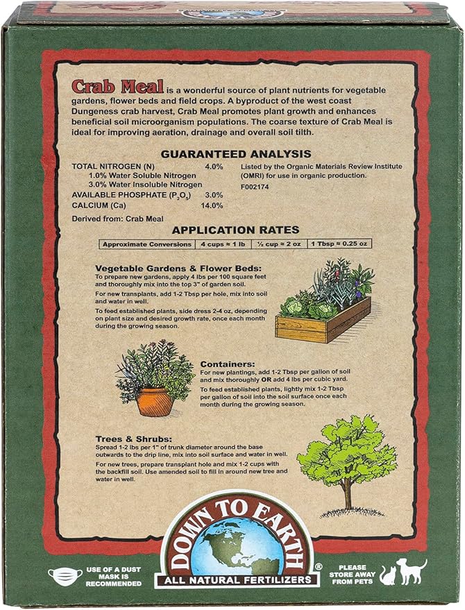 Down To Earth All Natural Fertilizers Organic Crab Meal - Plant Food for Vegetable Gardens and Flower Beds 4-3-0 4 lb
