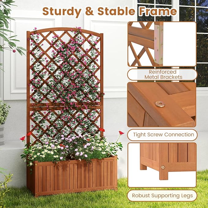 2 Pack Raised Garden Bed with Trellis 30 x 14 x 10 Inch Large Planter Box Solid Acacia Wood Frame Slat Base 63” Tall Planter for Climbing Plants Flowers Outdoor Patio Balcony Backyard
