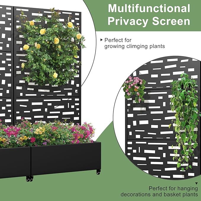 Casaphoria Metal Raised Garden Bed with Trellis and Wheels 72x35x16 Planter Box for Climbing Plants Vegetables &amp Vines Features Drainage Holes and Privacy Screen (Black-Gerald)