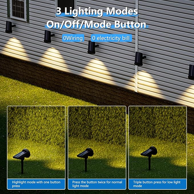 Solar Lights Outdoor Waterproof IP683 Lighting ModesSolar Spot Lights OutdoorDark Sensing Auto On/Off Solar Powered Garden Yard Spot Solar Lights for Outside Landscape (Warm White 6 Pack)