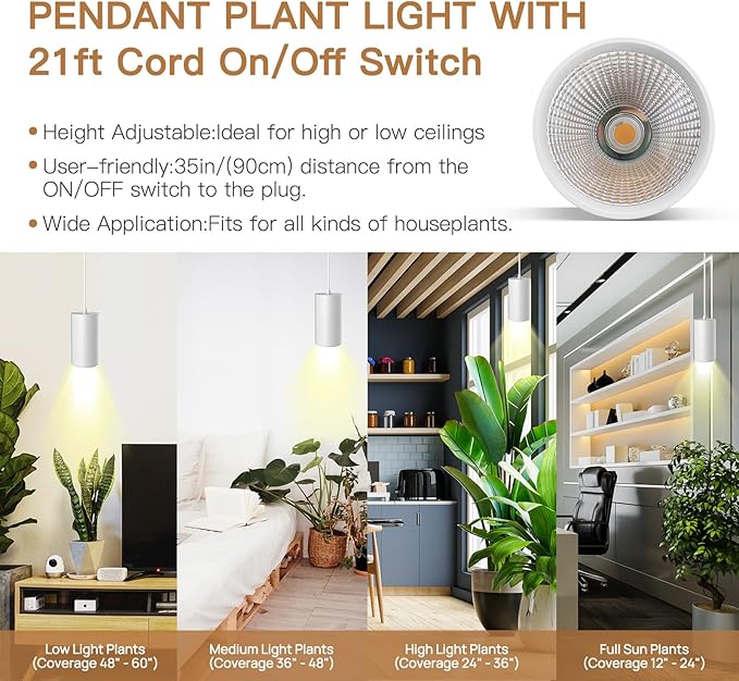 STERREN LED Grow Light White Plug in Hanging Lights for Indoor Plants Full Spectrum Grow Lights with On/Off Switch Decorative Pendant Lights with 21 Ft Height Adjustable Power Cord