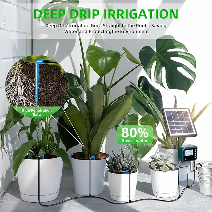 Solar Automatic Drip Irrigation Kit SystemAutomatic Plant Watering Devices Programmable Water TimerLED Display for 15 Potted Plants Outdoor Indoor Garden Balcony Vacation