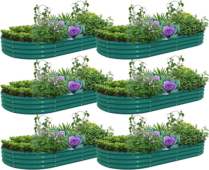 6 Pack 8x4x1FT Galvanized Raised Garden Bed Kit Oval Metal Ground Planter Box Outdoor Bottomless Planter Raised Beds for Vegetables Flowers Herbs Fruits Green