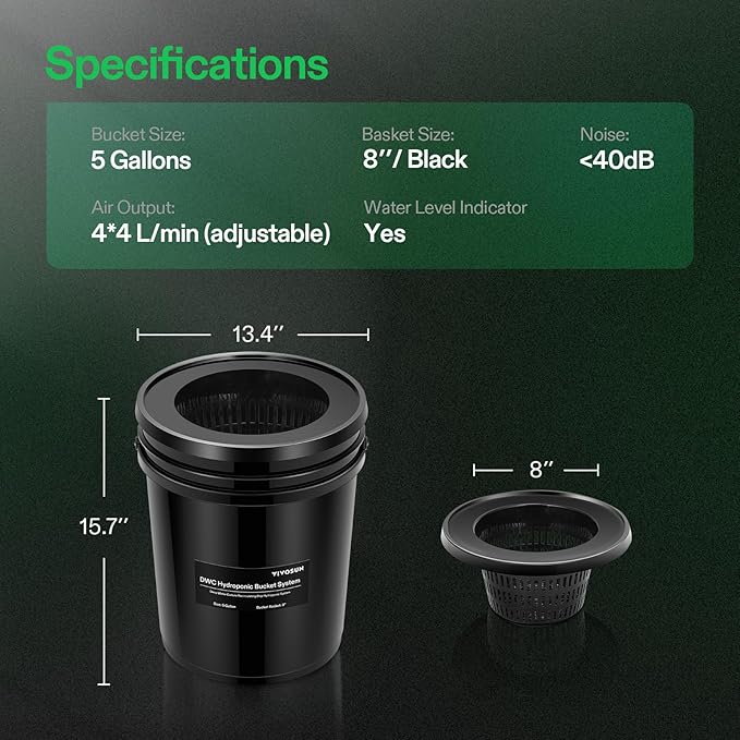 VIVOSUN DWC Hydroponics Grow System with Top Drip Kit 5-Gallon Deep Water Culture Recirculating Drip Garden System with Multi-Purpose Air Hose Air Pump and Air Stone (2 Buckets + Top Drip Kit)