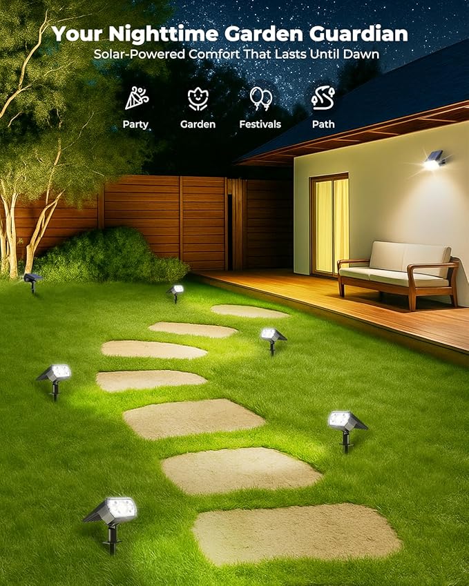 6 Packs Solar Spot Lights Outdoor 64 LED 6500K Solar Lights Outdoor IP67 Waterproof Adjustable Brightness Dusk to Dawn Solar Spotlights for Garden Yard Lawn Walkway Driveway - Cool Daylight