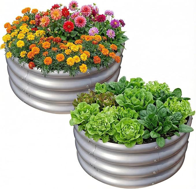 2x2x1 FT Round Galvanized Raised Garden Bed Kit OutdoorGarden Bed for Vegetables Fruits Flowers(Silver2PCS)