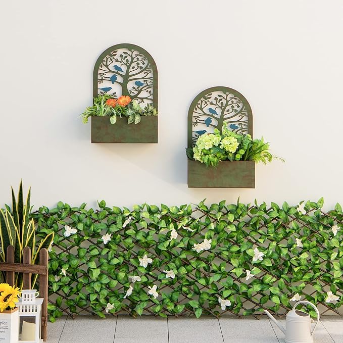 Giantex Raised Garden Bed Set of 2 - Wall-Mounted &amp Freestanding Decorative Planter Boxes with Trellises Heavy-Duty Metal Elevated Bed for Climbing Plants Outdoor Indoor Planter for Yard Balcony