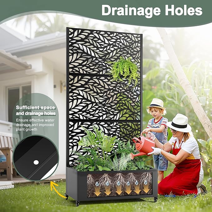 Metal Standing Planter Box with Trellis Privacy Planter for Patio Outdoor Raised Garden Beds with Trellis for Climbing Plants Garden Boxes with Wheels &amp Drainage Holes (35L Black Spring)