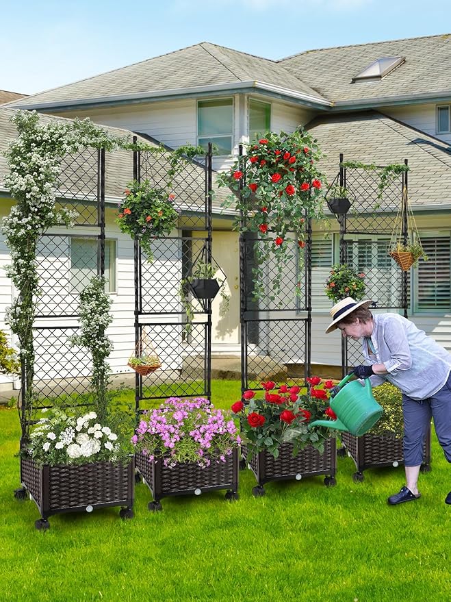 Kalolary 170CM Raised Garden Bed with Metal Trellis Large Plastic Planter Box with Drainage Hole on Wheels Tomato Planters Climbing Trellis Outdoor Indoor for Climbing Plants Vegetable Flowers Vine