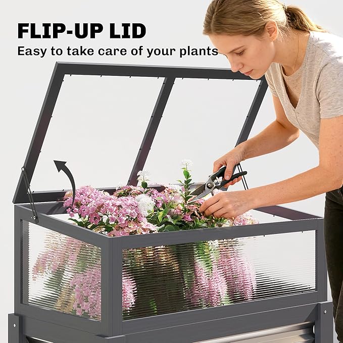 Outsunny Wooden Raised Garden Bed with Flip-Up Greenhouse Top Raised Garden Bed with Legs and Bed Liner Elevated Planter Box for Flowers Vegetables Herbs Gray