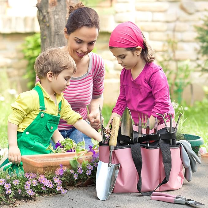 WORKPRO 8-Piece Pink Garden Tool Set Stainless Steel Gardening Tools with Wood Handle Including Garden Tote Gloves Trowel Hand Weeder Cultivator and More Gardening Gifts For Women - Pink Ribbon