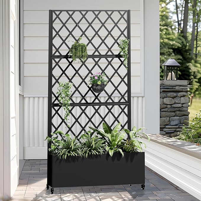 Casaphoria 72x35 Metal Raised Garden Bed with Trellis(2 Pack) Outdoor Planter Box with Wheels &amp Drainage Holes for Climbing Plants Flowers Elevated Garden Kit with Privacy Screen Black-Laure