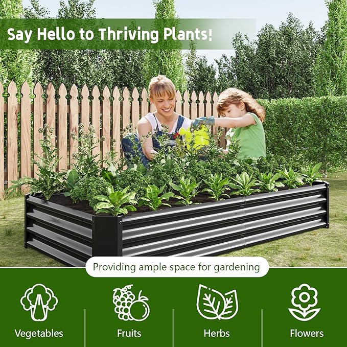 Metal Raised Garden Bed Outdoor Galvanized Raised Garden Bed 6×3×1ft Rectangle Planter Raised Beds Raised Planter Box for Gardening Vegetables and Flowers Black