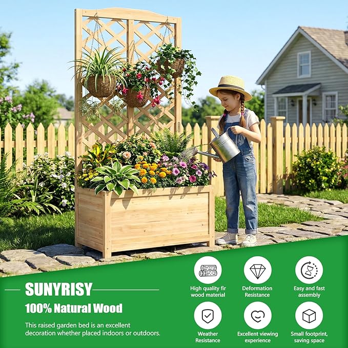 SUNYRISY Raised Garden Bed with Trellis for Climbing Plant Outdoor 59x30x16 Wooden Vertical Planter Box with Privacy Screen for Gardening Vine Flowers Vegetables