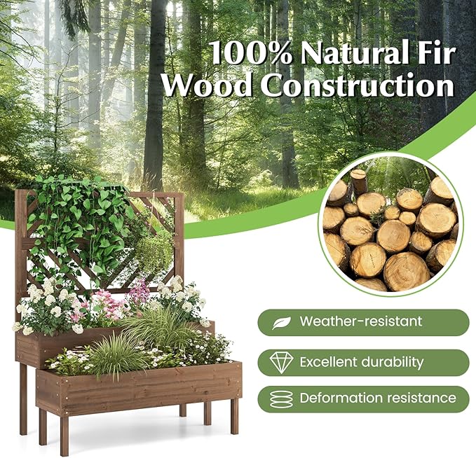 ORALNER Raised Garden Bed with Trellis 43” x 24.5” x 53” Outdoor 2-Tier Wooden Planter Box with Drainage Holes Elevated Garden Trellis Planter for Vine Flower Herb Fruit Vegetable (Brown)