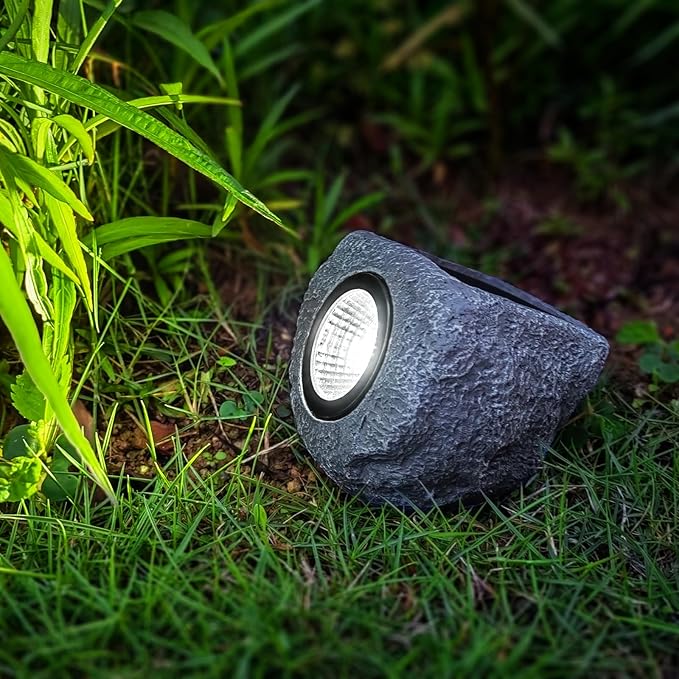 4 Pack Solar Garden Rock Lights Outdoor 20 LM Bright White Spotlights with Auto On/Off IP65 Waterproof 6000K Led Solar Powerd Landscape Stone Lights for Pathway Walkway Yard Patio