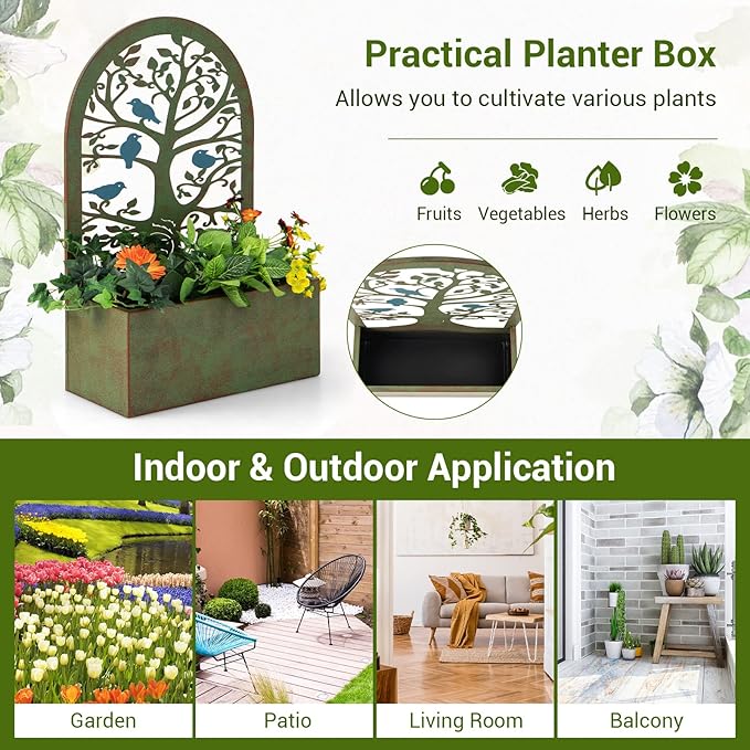 Giantex Raised Garden Bed Set of 2 - Wall-Mounted &amp Freestanding Decorative Planter Boxes with Trellises Heavy-Duty Metal Elevated Bed for Climbing Plants Outdoor Indoor Planter for Yard Balcony