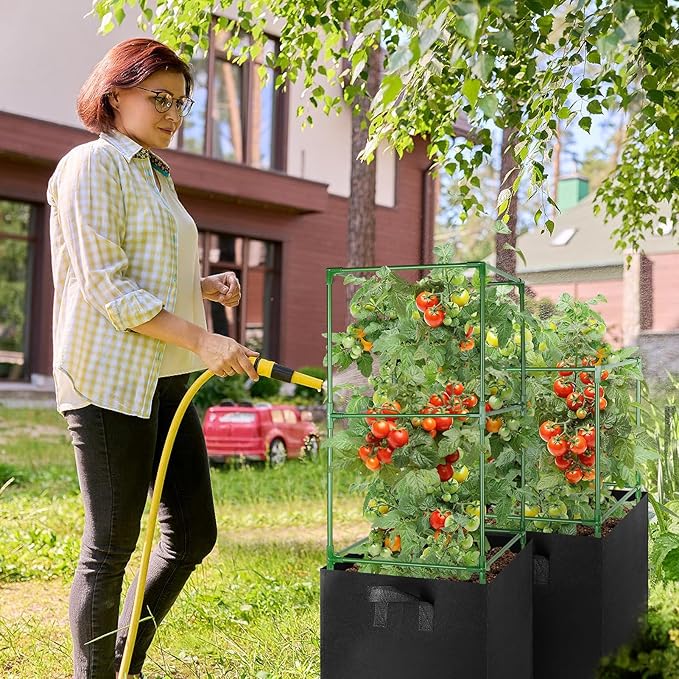 ANPHSIN Tomato Cages with 17 Gallon Grow Bags - 46'' Heavy-Duty Plant Support Cage Kit Garden Pots with Square Plant Trellis for Flowers Vegetables Cucumber Vertical Climbing Vines 2 Sets