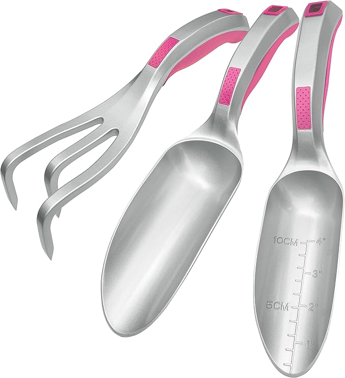 Garden Tool Set 3PC Bend Proof Gardening Tool Kits (Soil Scooper Garden Trowel Cultivator Hand Rake) One-Piece Aluminum Garden Gift Pink