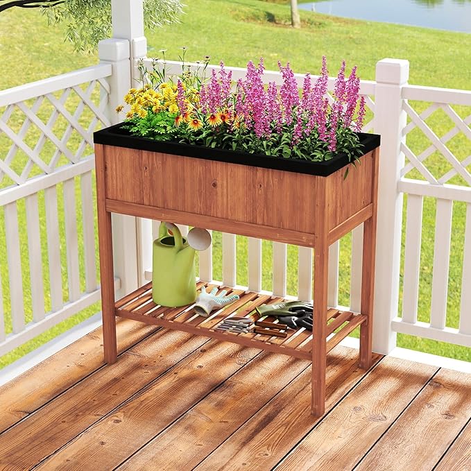 2-Tier Wooden Raised Garden Bed Elevated Planter Bed with Legs Liner &amp Storage Shelf for Vegetable Flower &amp Herb Outdoor Gardening Box for Backyard Patio Balcony 220 LBS Capacity