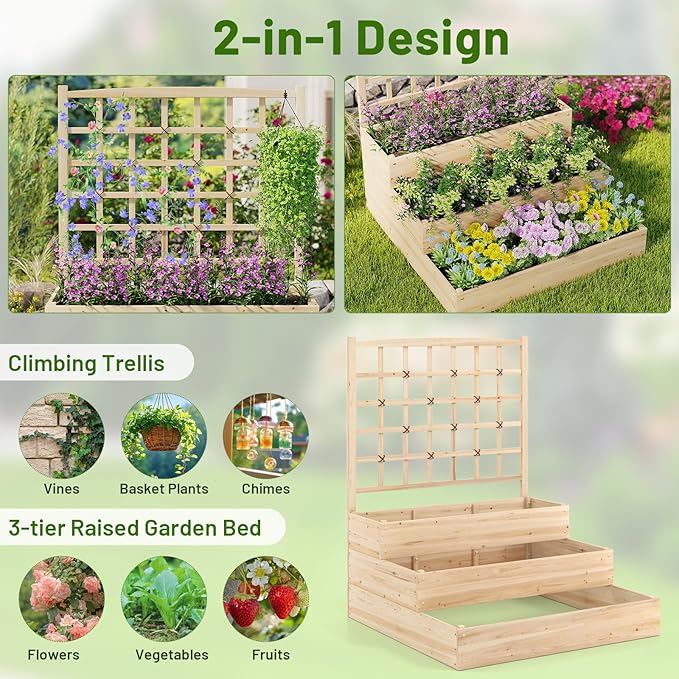 Giantex 3-Tier Raised Garden Bed with Trellis and 3 Planter Boxes Outdoor Open-Ended Wood Raised Bed for Planting and Vines Flowers Vegetables Growing 44x45x56