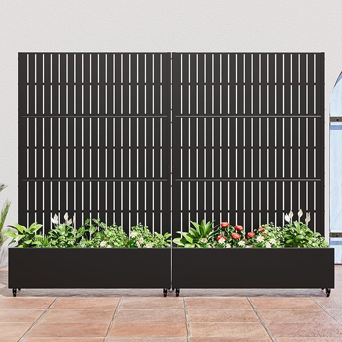 Casaphoria Metal Raised Garden Bed with Trellis and Wheels 72x47x16 Planter Box for Climbing Plants Vegetables &amp Vines Features Drainage Holes and Privacy Screen (Black)