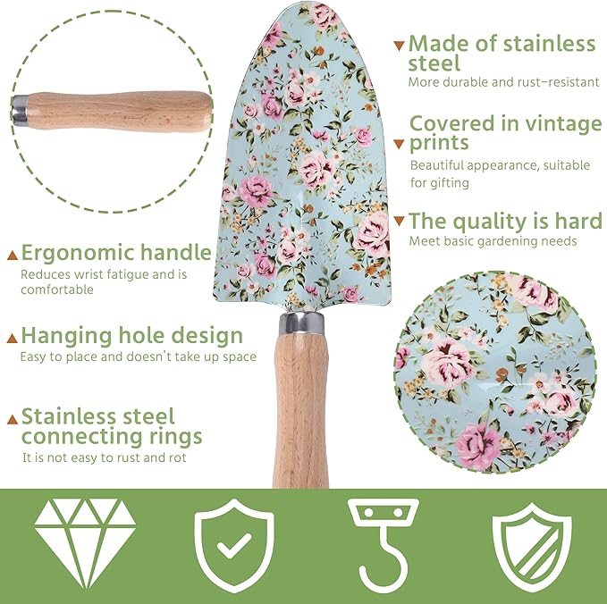 10-Piece Floral Garden Tools Set with Tote Bag Heavy Duty Gardening Kit with Pruning Shears Trowels Rake Sprayer Kneeling Pad &amp Gloves - Gift for Women Gardener Mother's Day