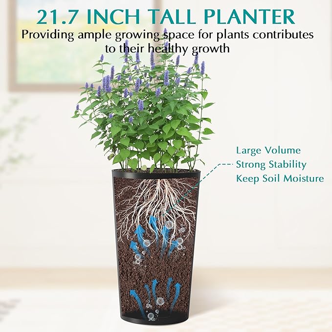 2 Pack Tall 21.7 in for Outdoor Plants Tall Square Planter Box Indoor Outdoor Porch Patio Flower Pot Big Tapered Matte Tree Flower Pot for Garden (Black)