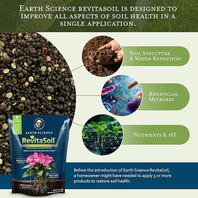 Earth Science RevitaSoil 4 lb - Organic Soil Revitalizer - Earthworm Castings (Worm Castings) Plus Natural Nutrients &amp Biology - Grow 3X More Amendment for Gardens Potted Plants Raised Garden