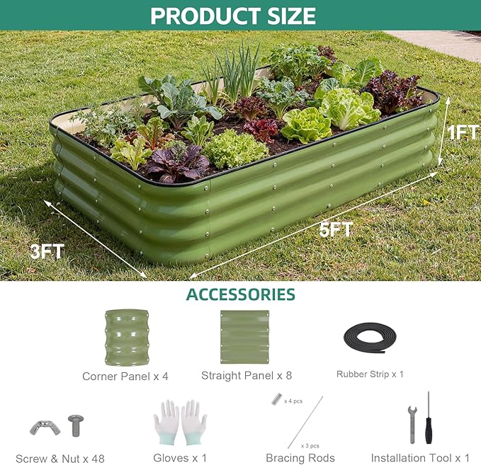 4 in 1Galvanized Raised Garden Bed - 5x3x1ft Modular Garden Planter Bed Outdoor | Steel Raised Bed Kit with Bracing Rods Gloves for Gardening Vegetables Fruits and Flowers (Green)