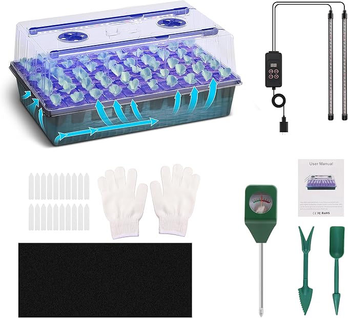 Indoor Seed Starting Kit with 60-Cell Self-Watering Tray LED Grow Light Timer Humidity Dome pH Meter for Plant Germination Vegetables Herbs Flowers