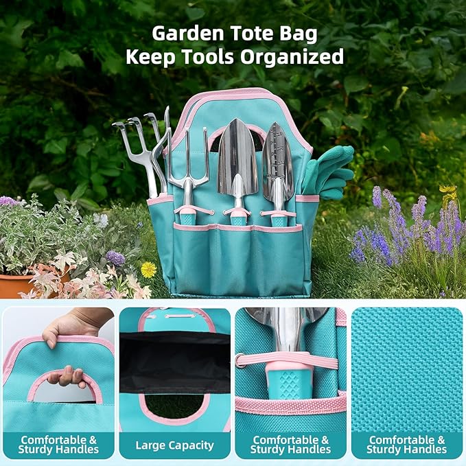 MelonArt Garden Tool Set8 Pcs Gardening Hand Tool Starter Kit for Women Heavy Duty Outdoor Tool Kit Aluminum Alloy with Non Slip Ergonomic Handle Ideal Gifts for Women and Men Green&ampPink