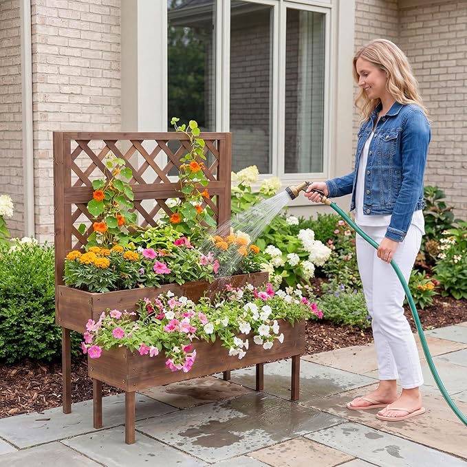 GarveeLife Wood Planter Box with Trellis 41.93x22.44x52.95 Tall Raised Garden Bed with Drainage Holes Vertical Flower Stand for Patio Horticulture Brown